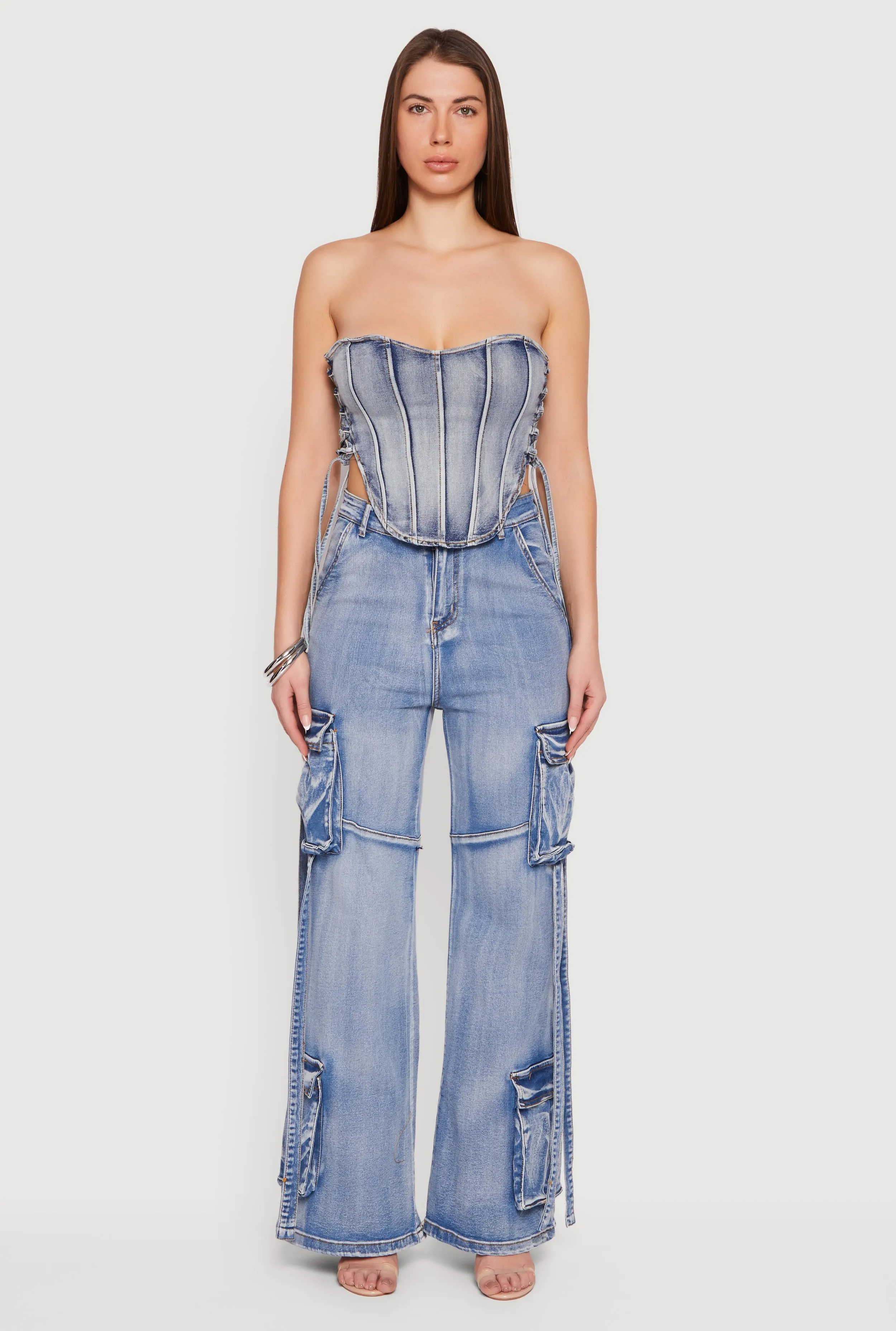 High Waisted Decorative Stitch Cargo Pocket Jeans sold by Rainbow product image thumbnail 4