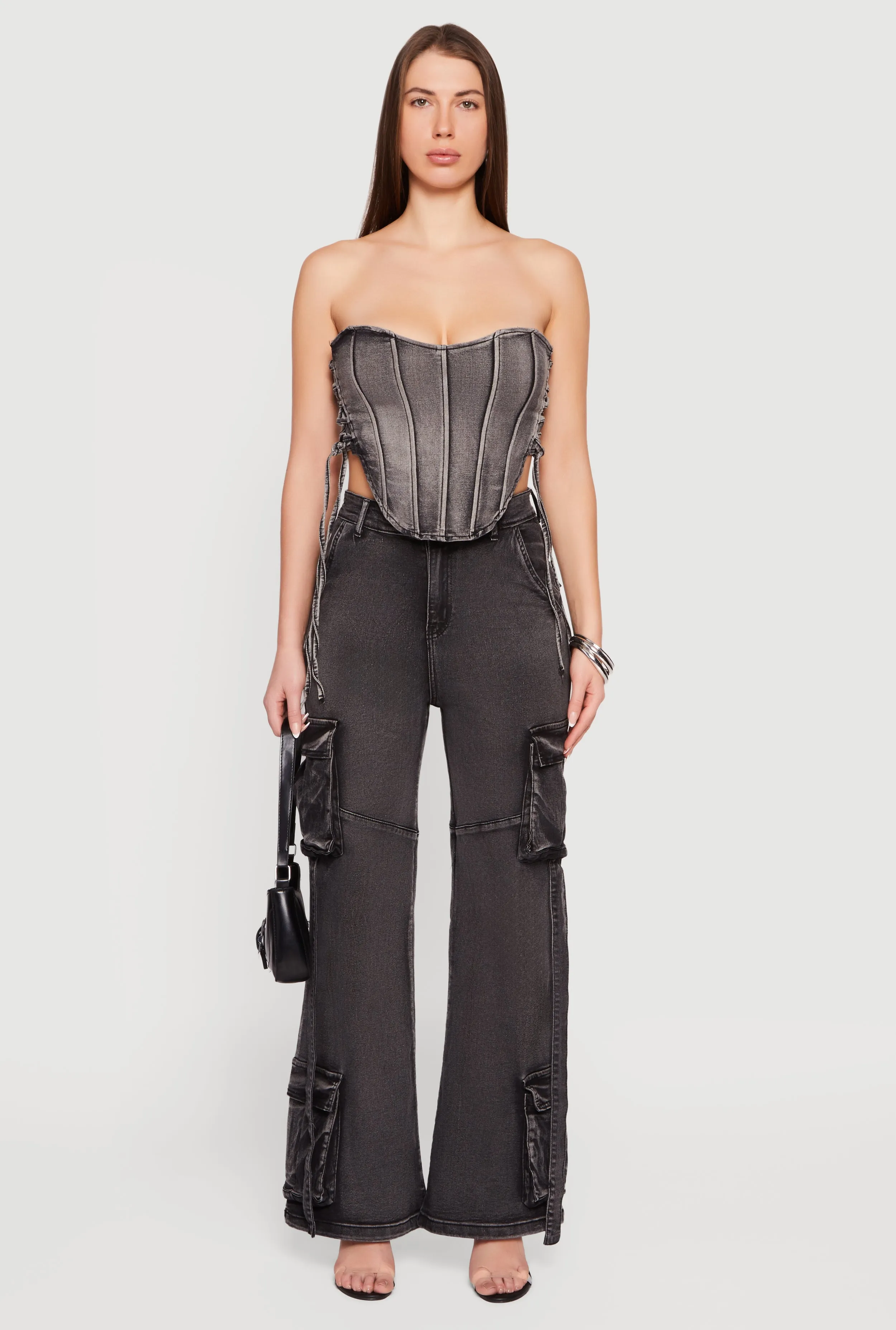 High Waisted Decorative Stitch Cargo Pocket Jeans sold by Rainbow product image thumbnail 2