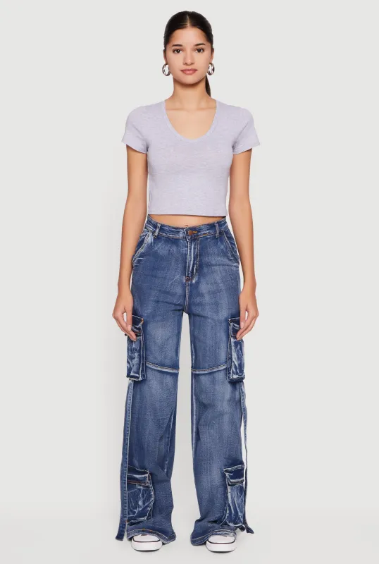 High Waisted Decorative Stitch Cargo Pocket Jeans sold by Rainbow