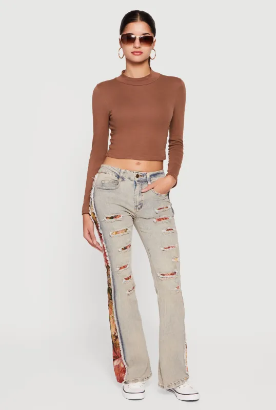 Tapestry Jacquard Patchwork Distressed Flare Jeans sold by Rainbow