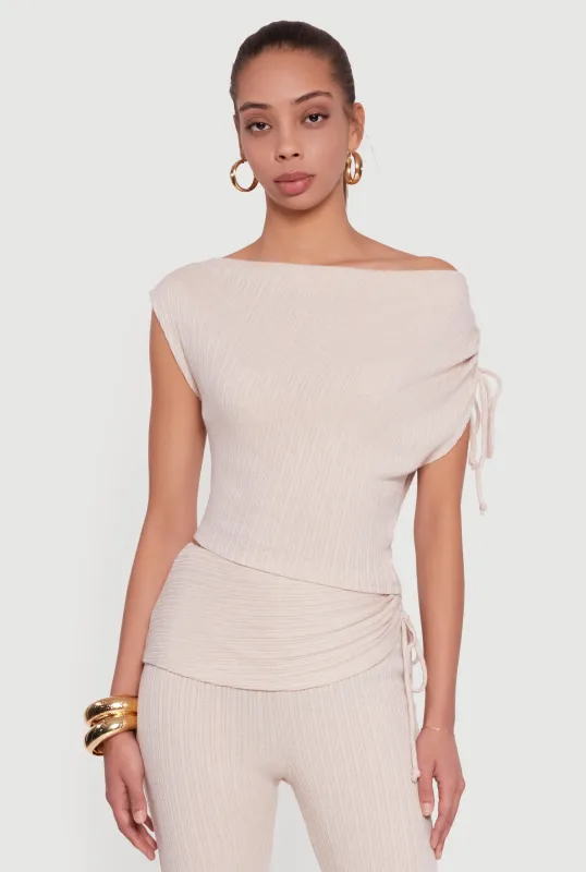 Brushed Rib Knit One Shoulder Drawstring Crop Top sold by Rainbow