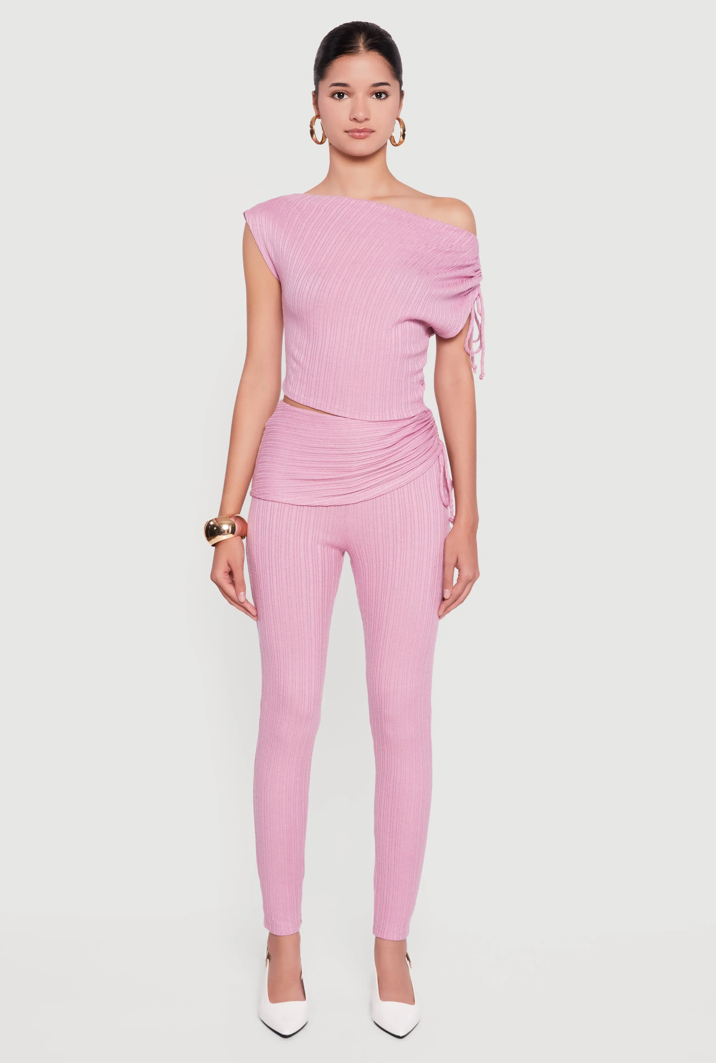 Brushed Rib Knit One Shoulder Drawstring Crop Top sold by Rainbow product image thumbnail 3