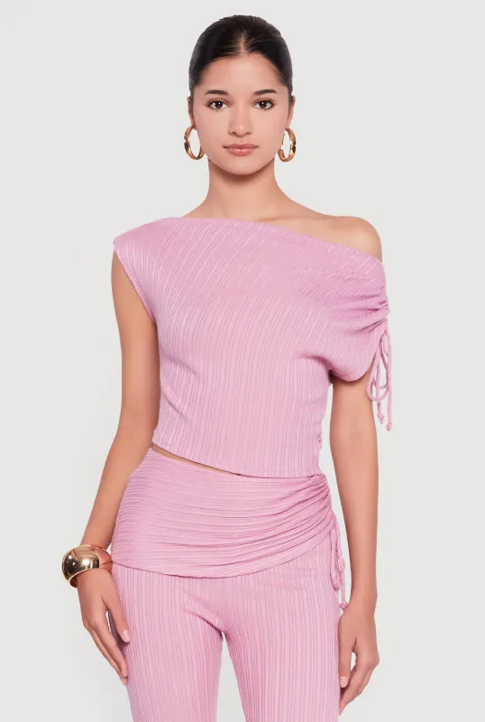 Brushed Rib Knit One Shoulder Drawstring Crop Top sold by Rainbow