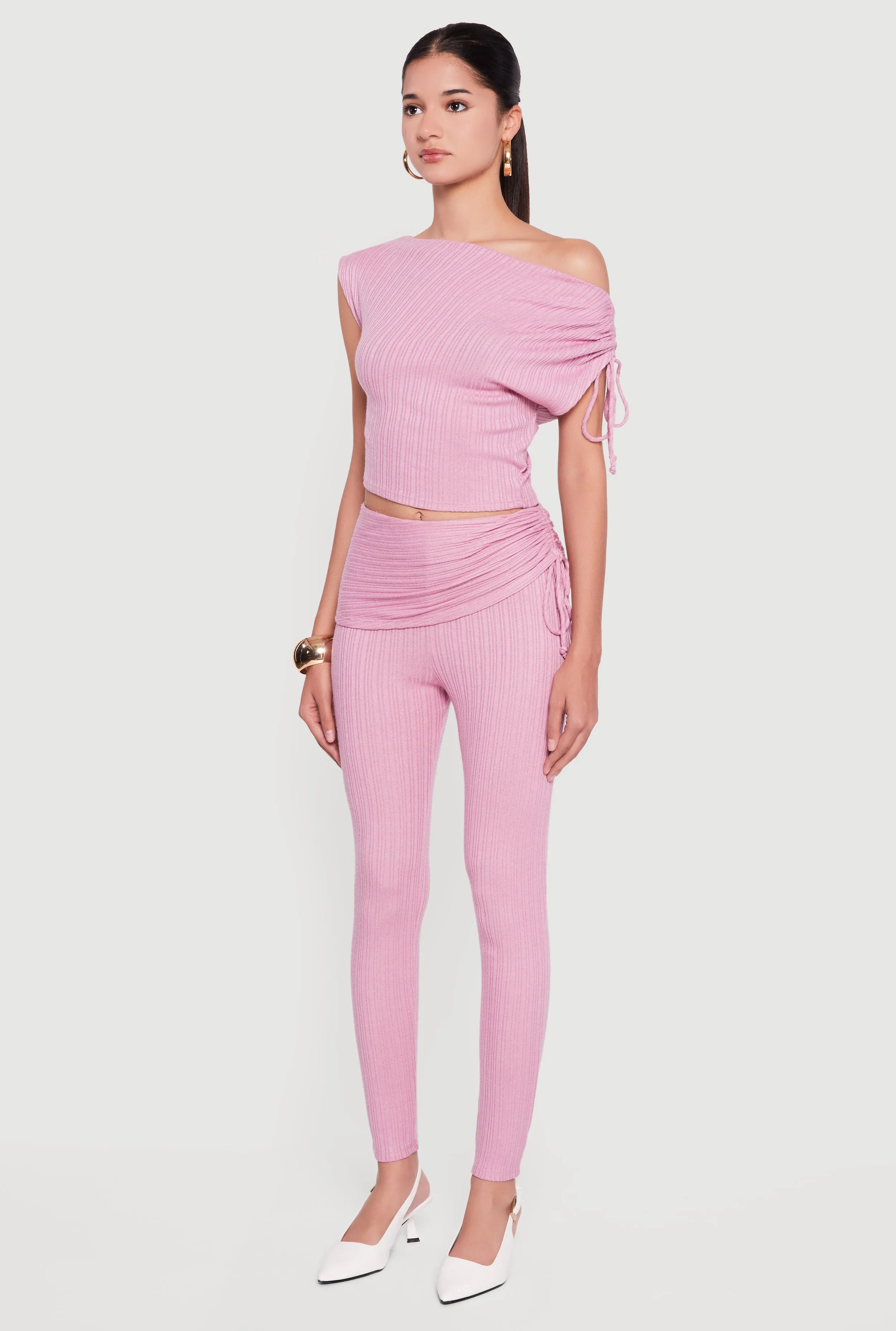 Brushed Rib Knit One Shoulder Drawstring Crop Top sold by Rainbow product image thumbnail 5