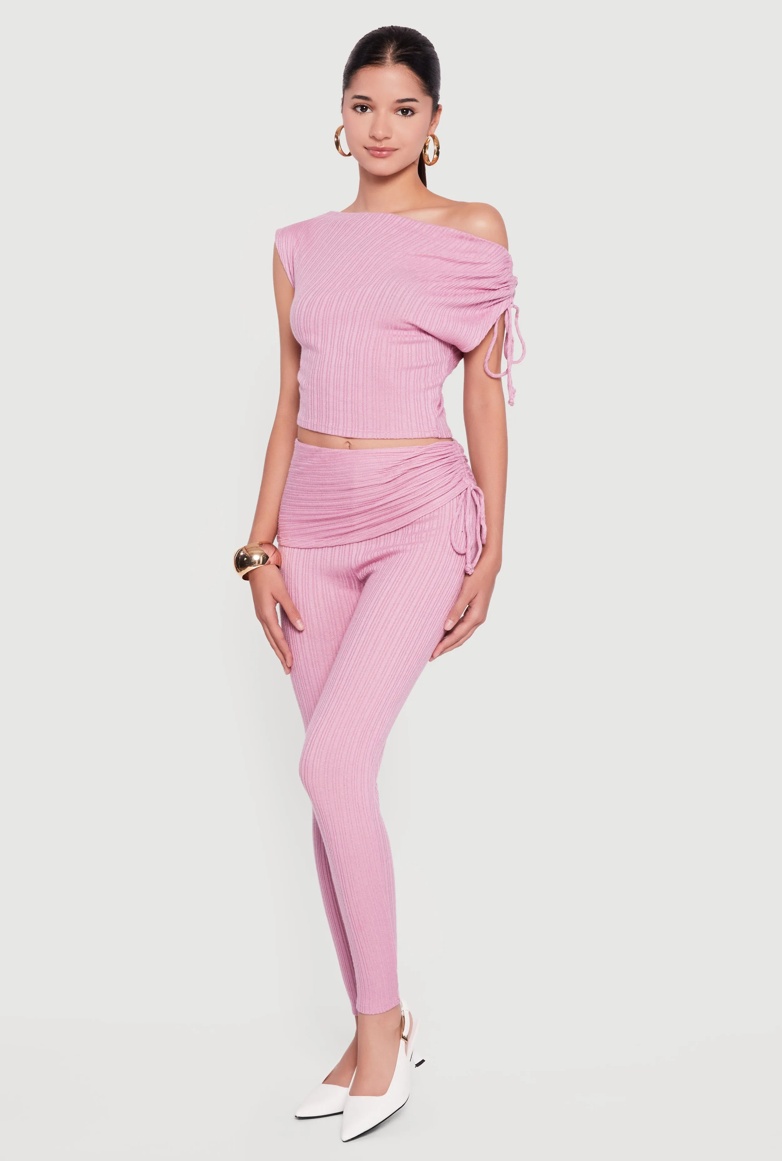 Brushed Rib Knit One Shoulder Drawstring Crop Top sold by Rainbow product image thumbnail 2