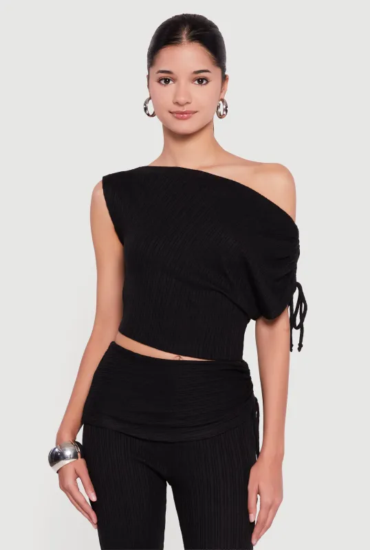 Brushed Rib Knit One Shoulder Drawstring Crop Top sold by Rainbow