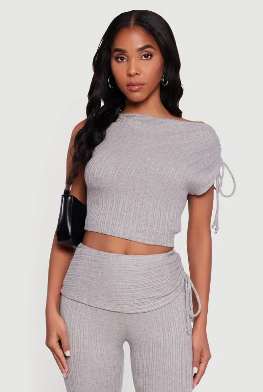 Brushed Rib Knit One Shoulder Drawstring Crop Top sold by Rainbow