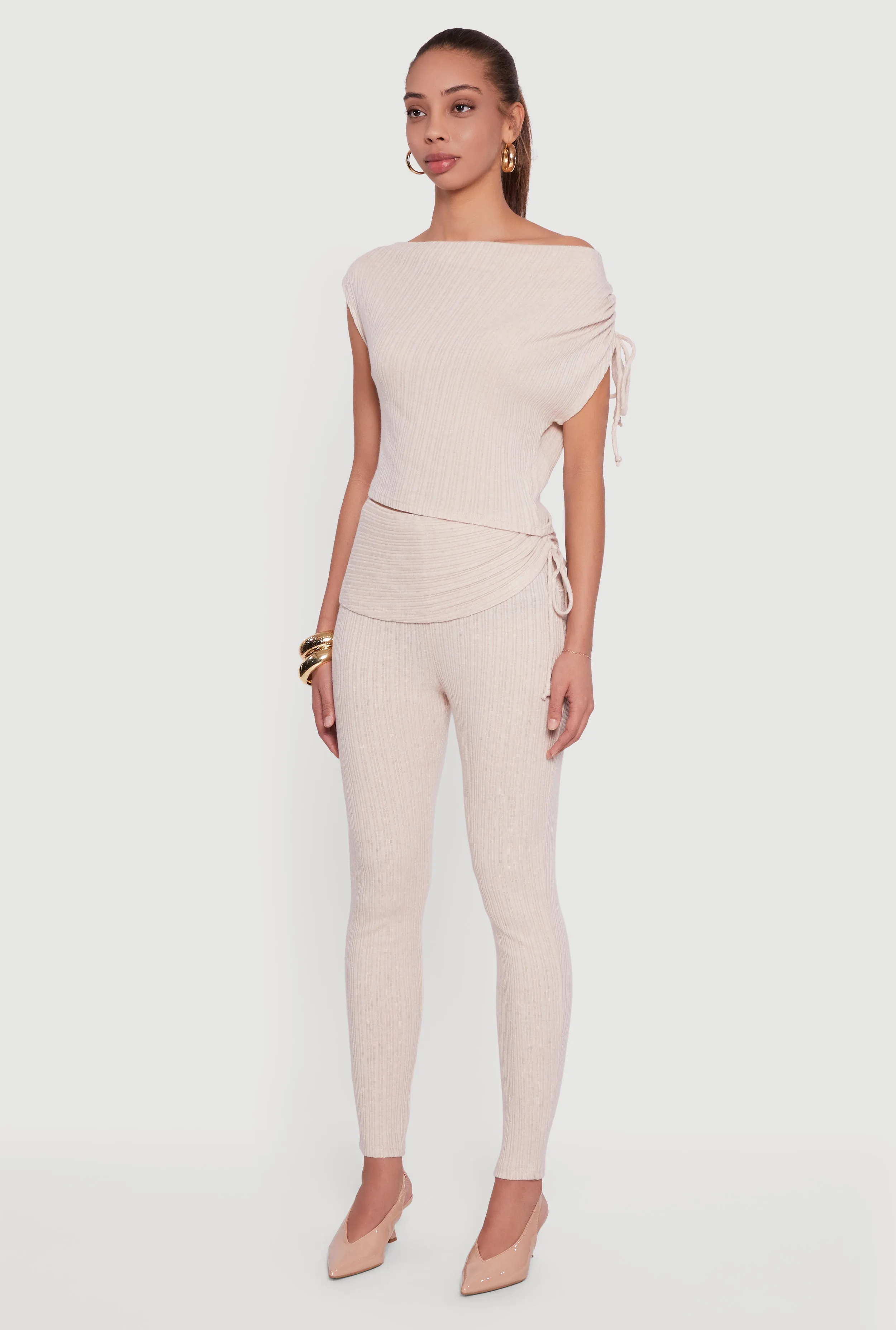 Brushed Rib Knit One Shoulder Drawstring Crop Top sold by Rainbow product image thumbnail 5