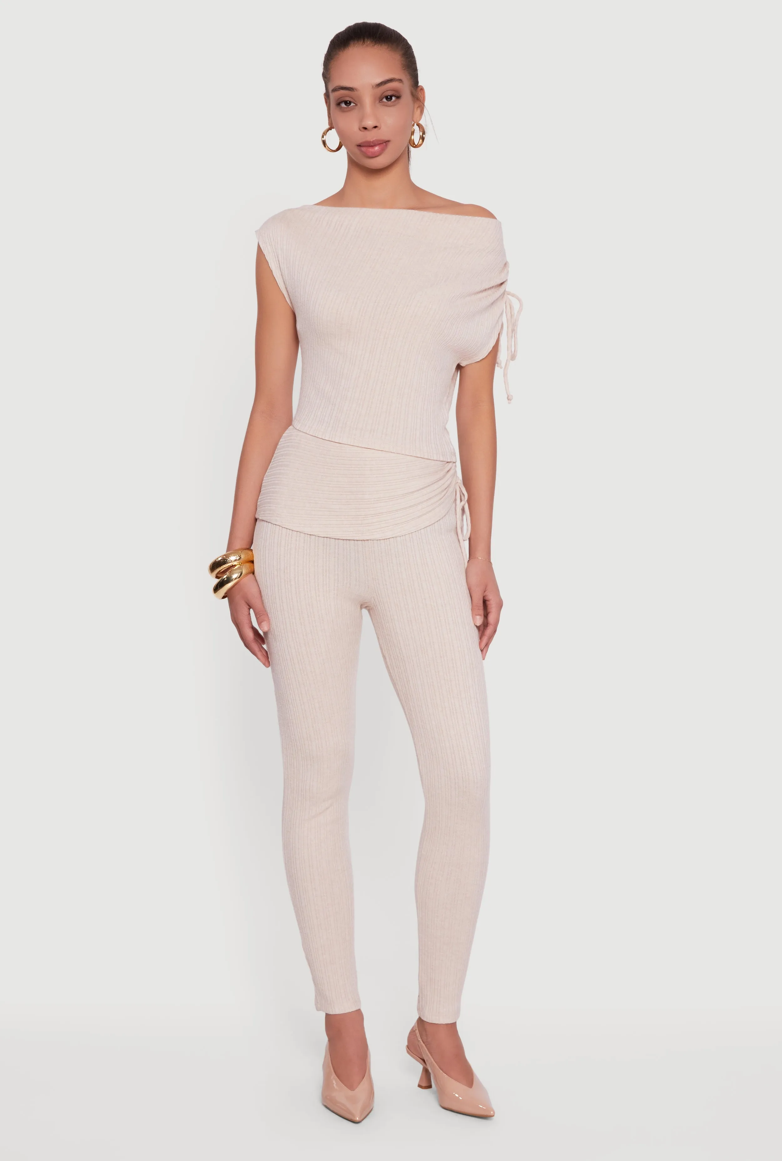 Brushed Rib Knit One Shoulder Drawstring Crop Top sold by Rainbow product image thumbnail 2