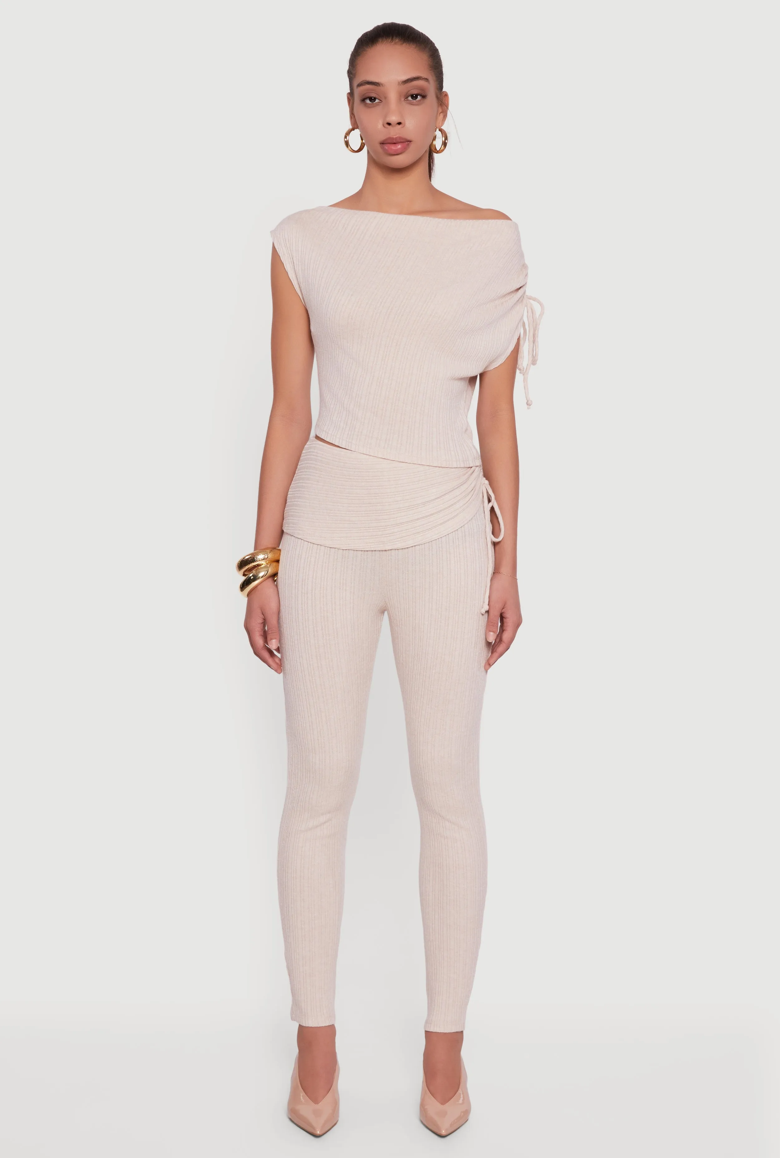 Brushed Rib Knit One Shoulder Drawstring Crop Top sold by Rainbow product image thumbnail 3