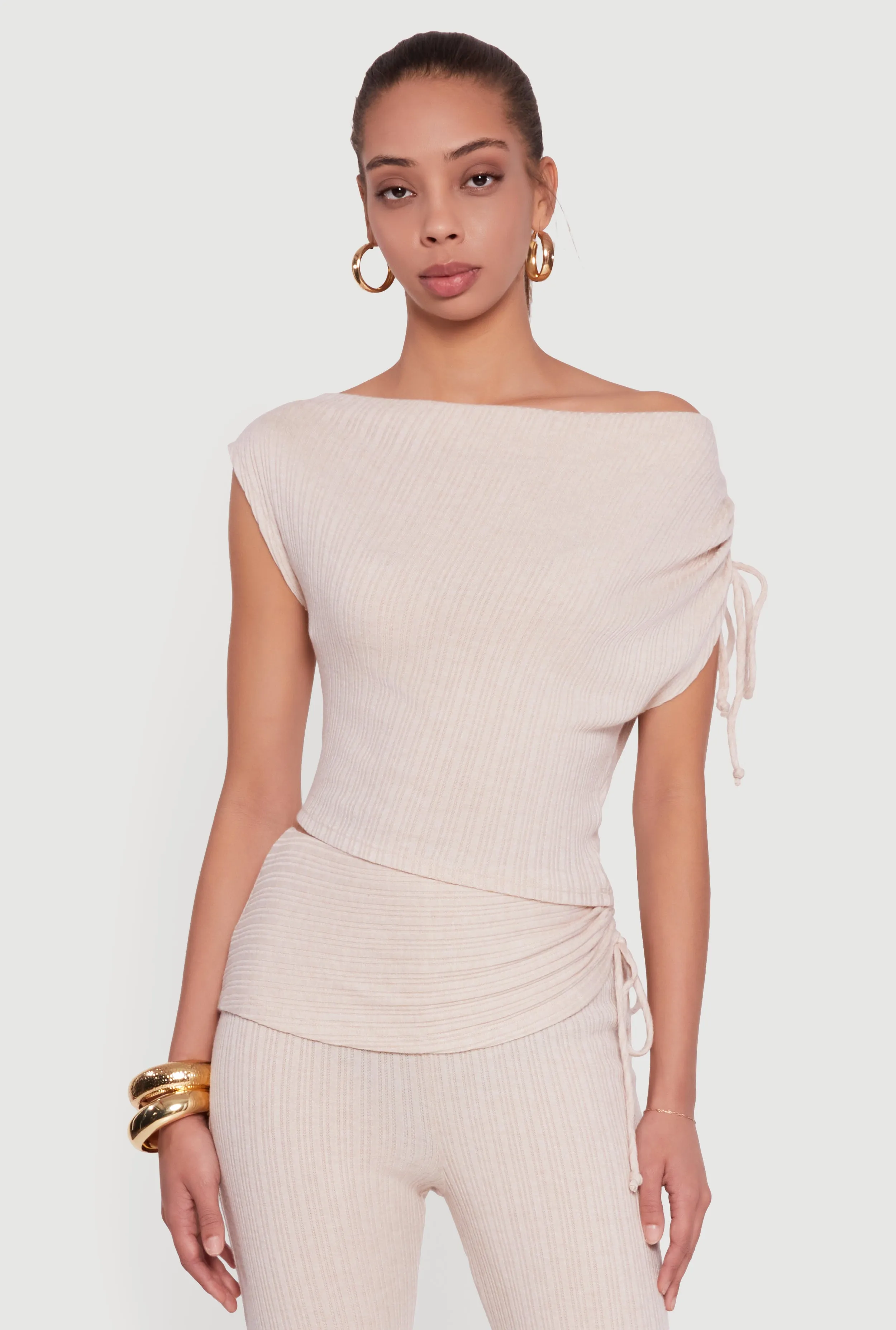 Brushed Rib Knit One Shoulder Drawstring Crop Top sold by Rainbow