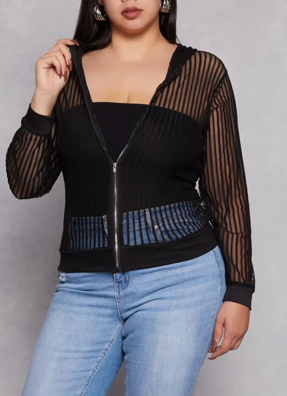 Plus Size Mesh Shadow Striped Zip Front Hoodie sold by Rainbow