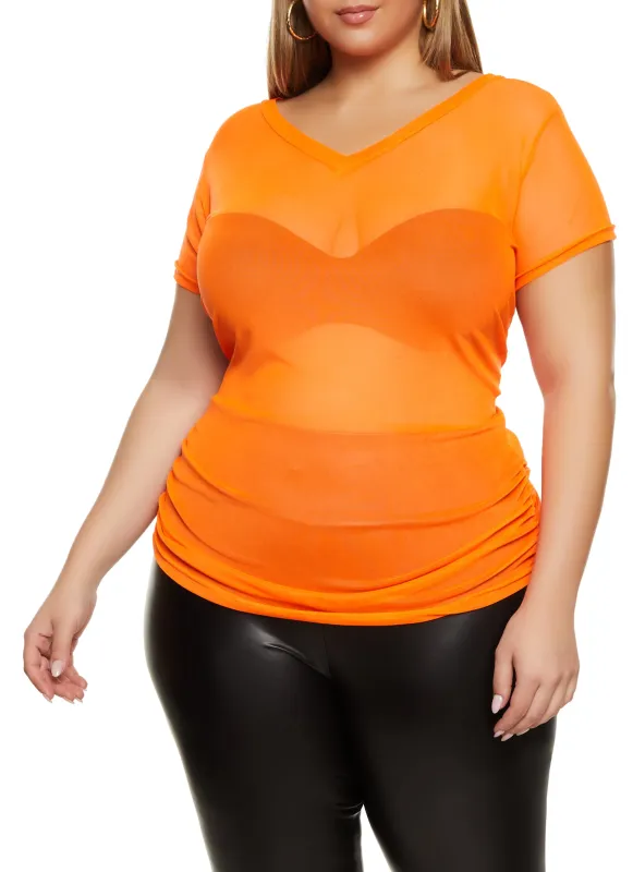 Plus Size Mesh Ruched V Neck Top sold by Rainbow