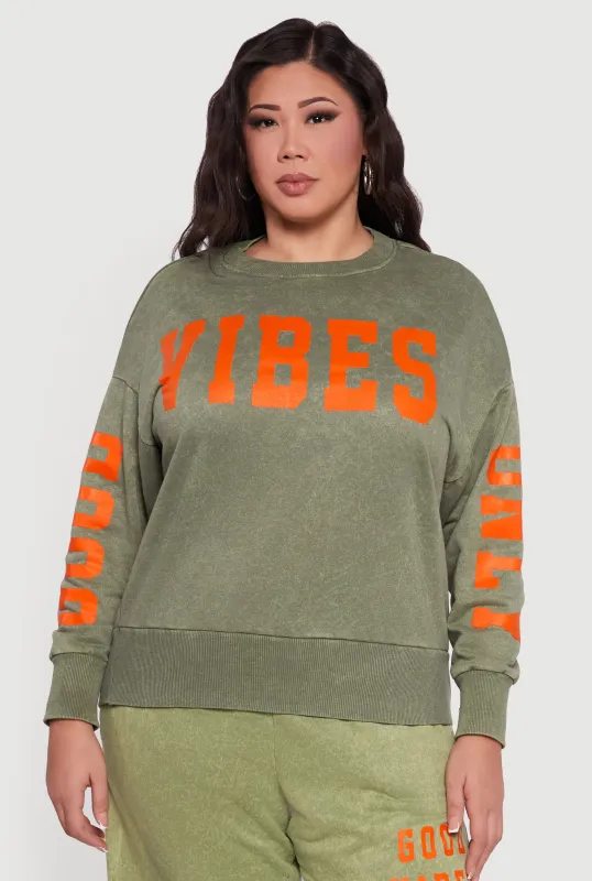 Plus Size Good Vibes Only Acid Wash Pullover Sweatshirt sold by Rainbow