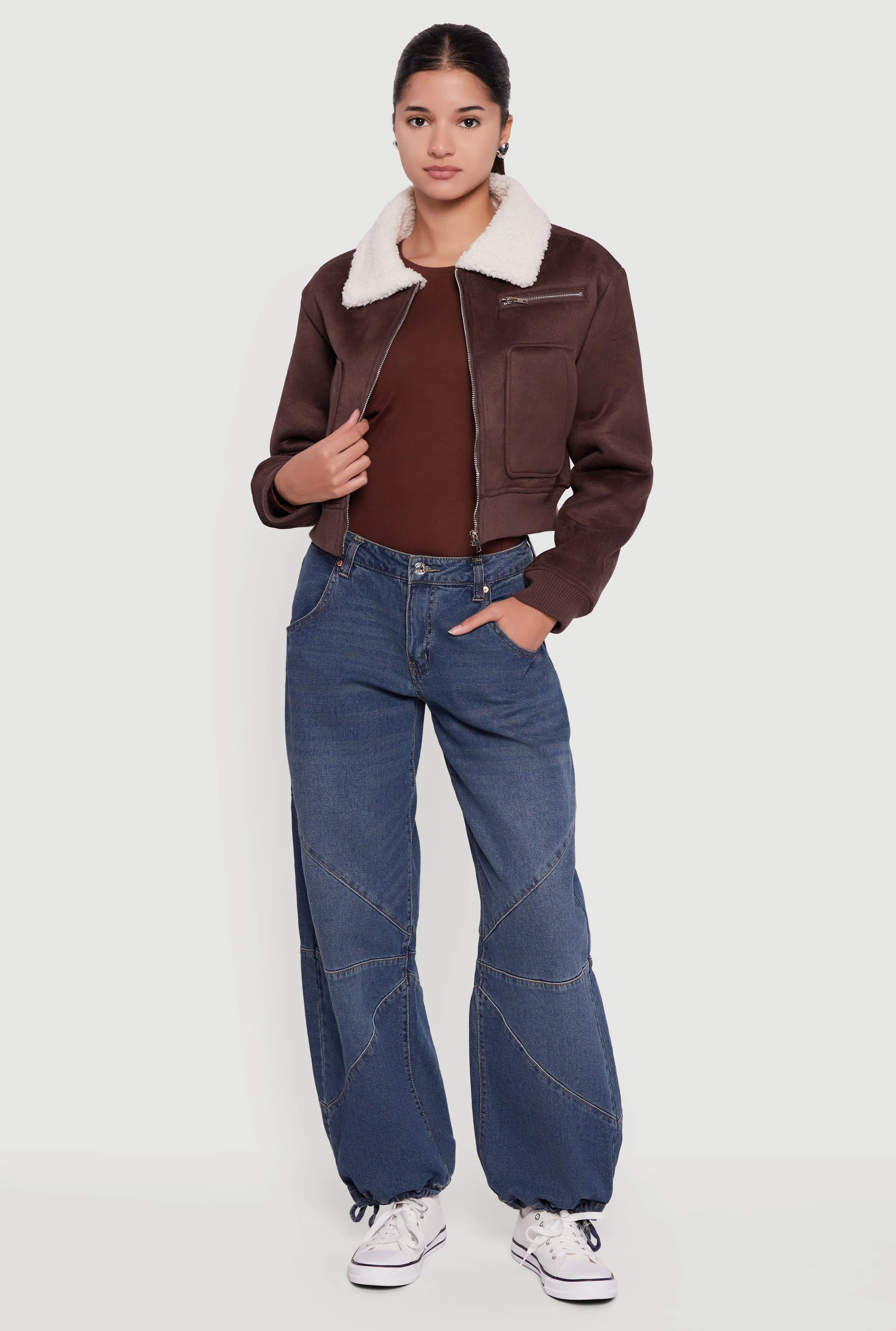 Faux Suede Sherpa Lined Cropped Bomber Jacket sold by Rainbow product image thumbnail 2