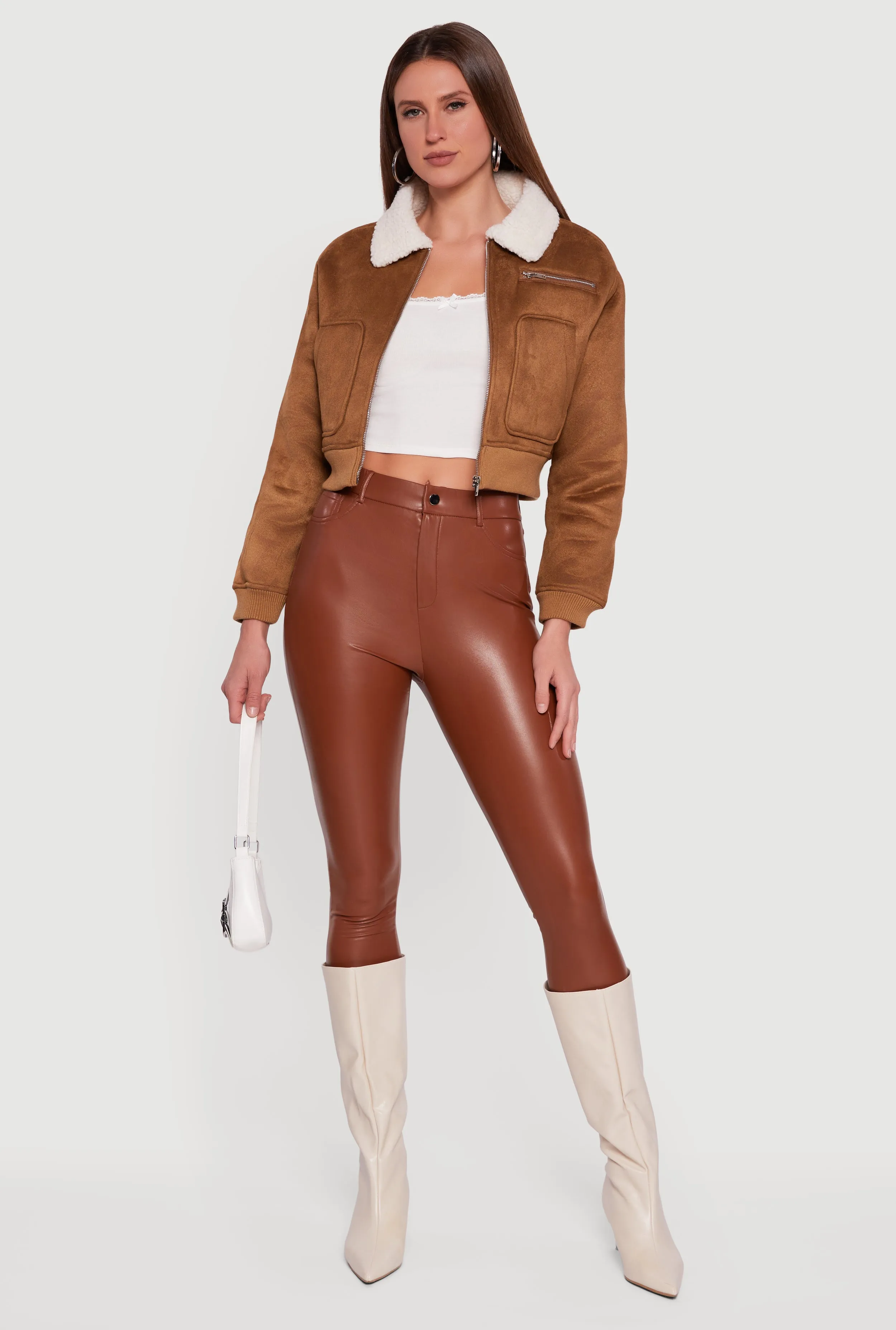 Faux Suede Sherpa Lined Cropped Bomber Jacket sold by Rainbow product image thumbnail 3