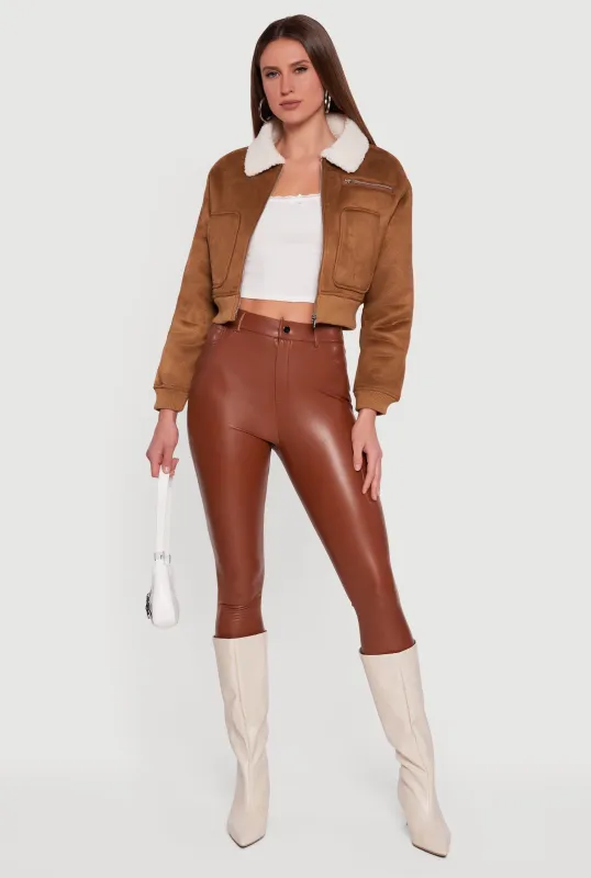 Faux Suede Sherpa Lined Cropped Bomber Jacket sold by Rainbow