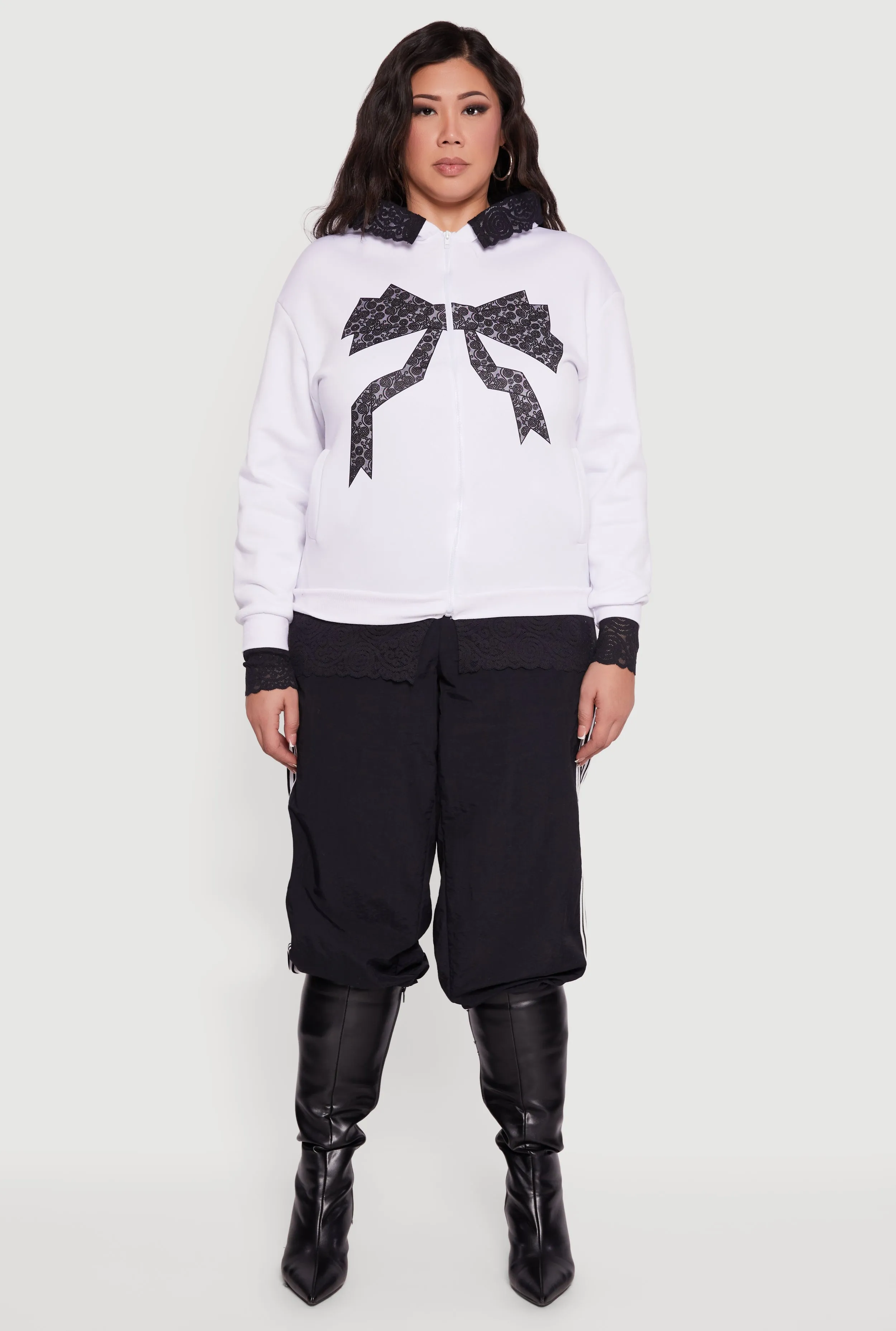 Plus Size Bow Graphic Lace Trim Hooded Sweatshirt sold by Rainbow product image thumbnail 3