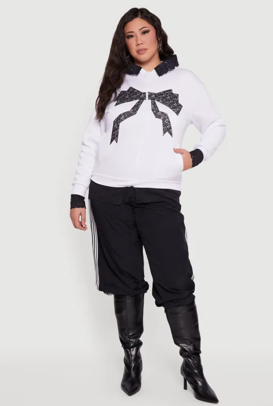 Plus Size Bow Graphic Lace Trim Hooded Sweatshirt sold by Rainbow