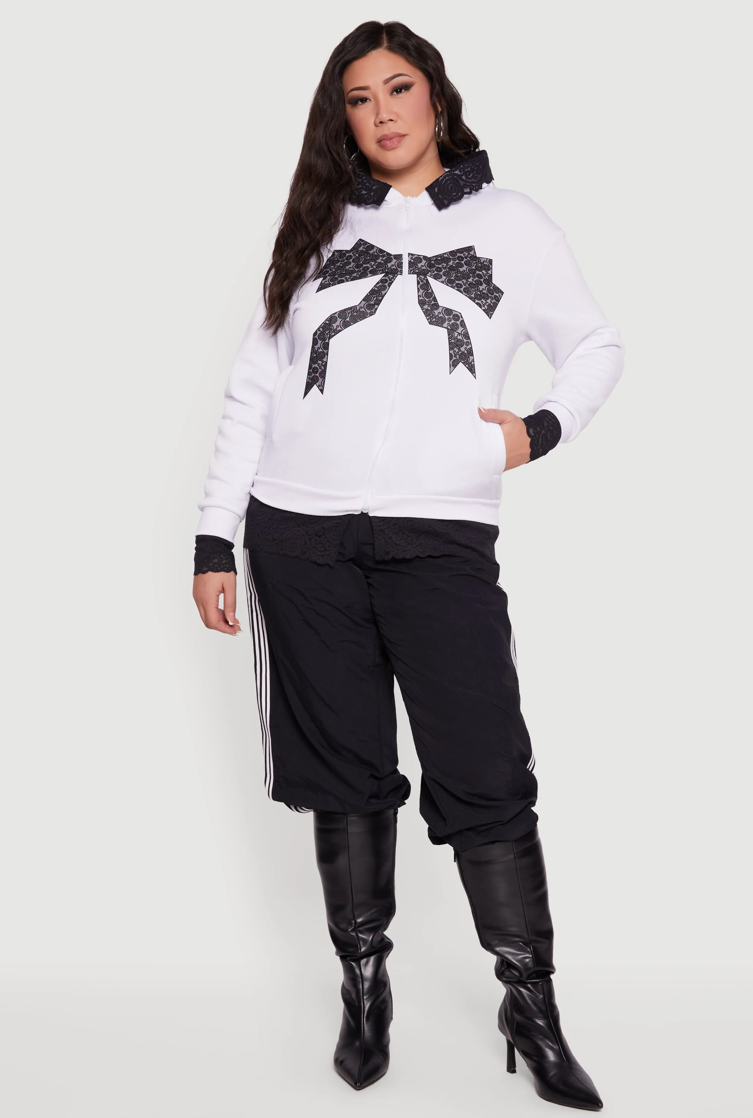 Plus Size Bow Graphic Lace Trim Hooded Sweatshirt sold by Rainbow