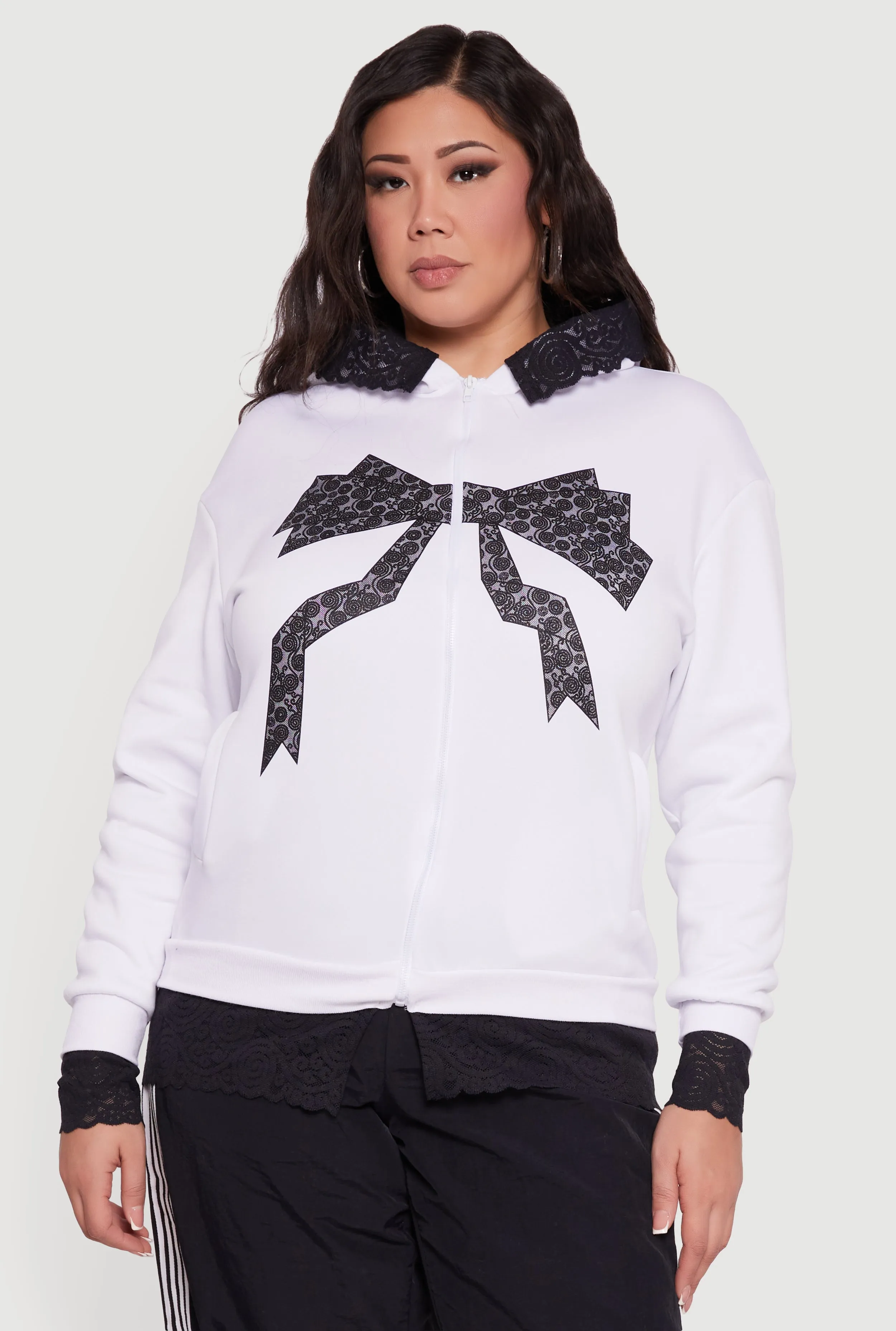 Plus Size Bow Graphic Lace Trim Hooded Sweatshirt sold by Rainbow product image thumbnail 2