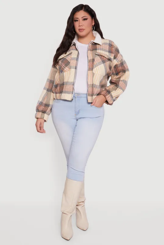 Plus Size Faux Fur Collared Plaid Zip Front Shacket sold by Rainbow