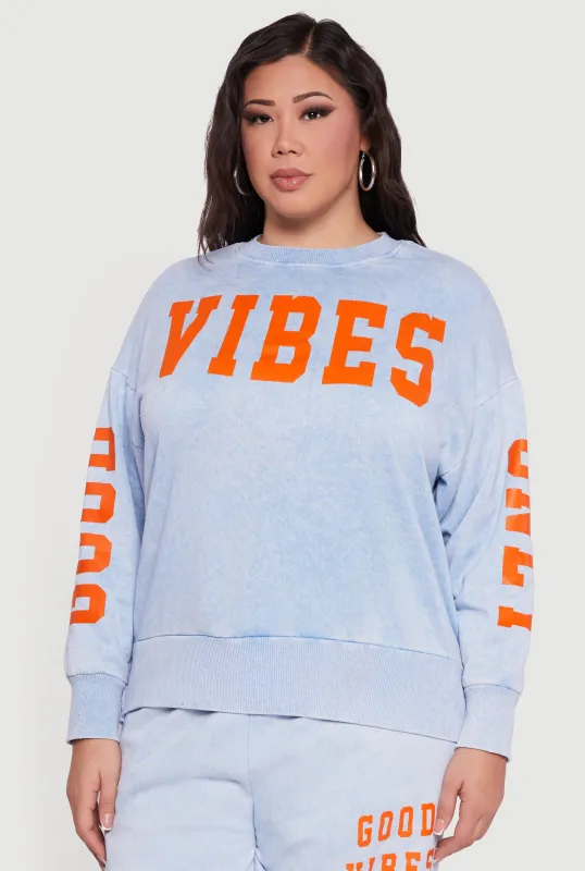 Plus Size Good Vibes Only Acid Wash Pullover Sweatshirt sold by Rainbow