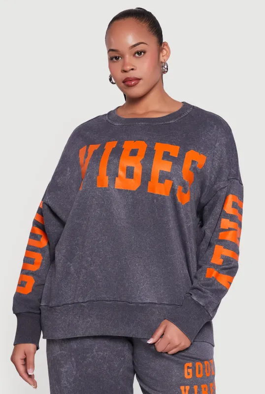 Plus Size Good Vibes Only Acid Wash Pullover Sweatshirt sold by Rainbow