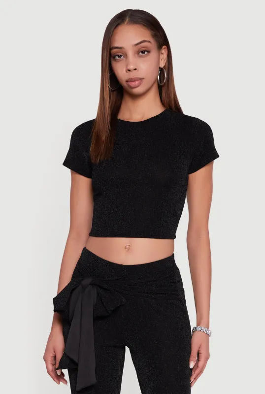 Lurex Short Sleeve Crew Neck Crop Top sold by Rainbow
