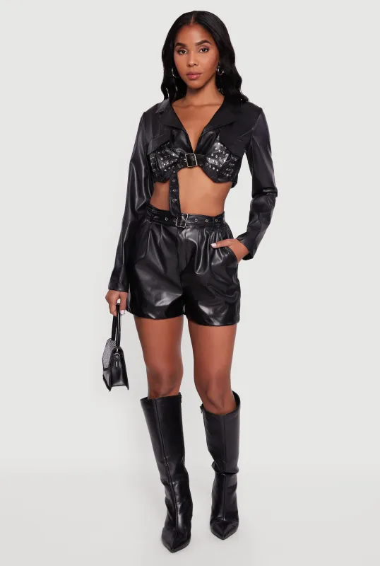 Belted Faux Leather High Waisted Pleated Shorts sold by Rainbow