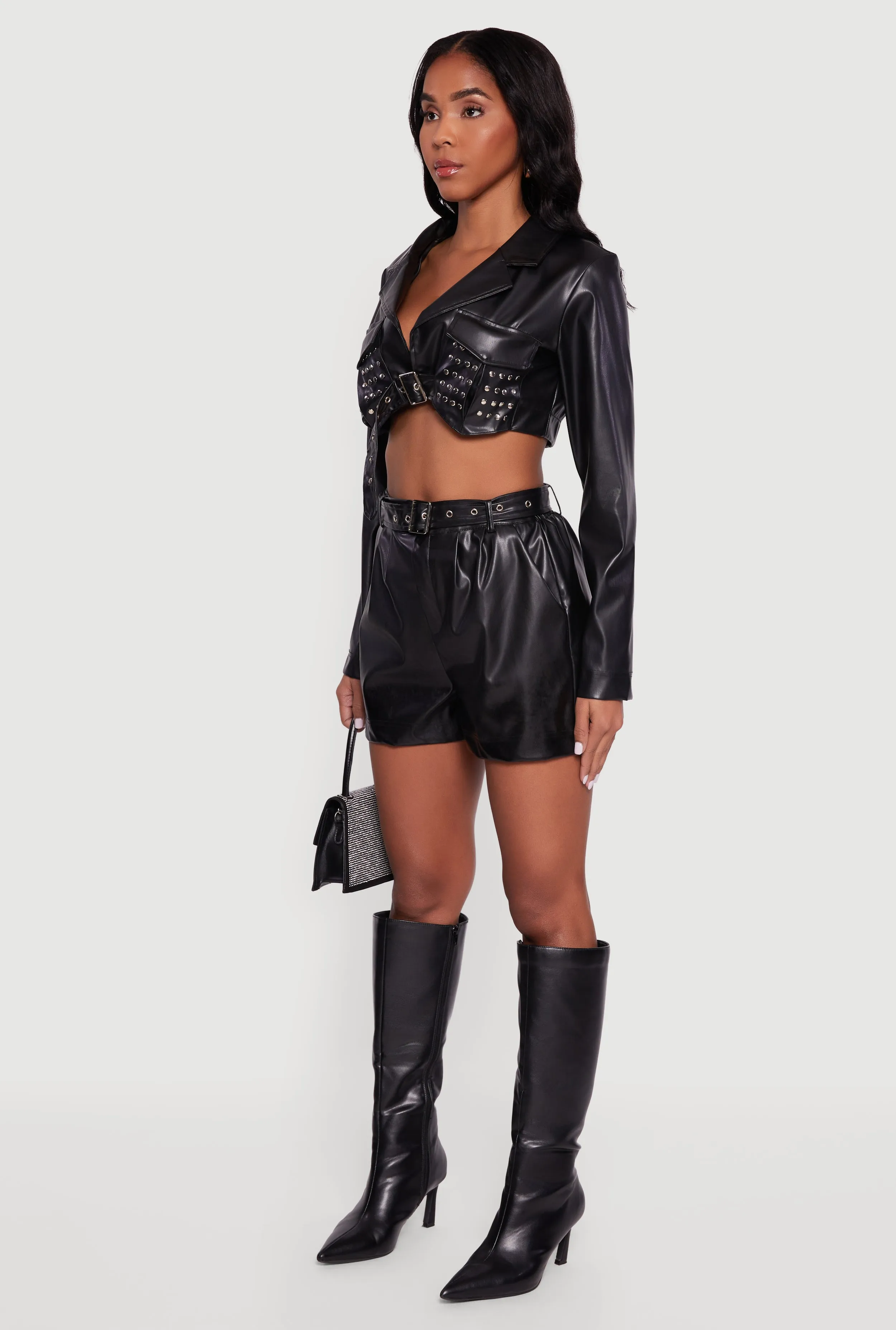 Faux Leather Cropped Belted Front Studded Jacket sold by Rainbow product image thumbnail 5