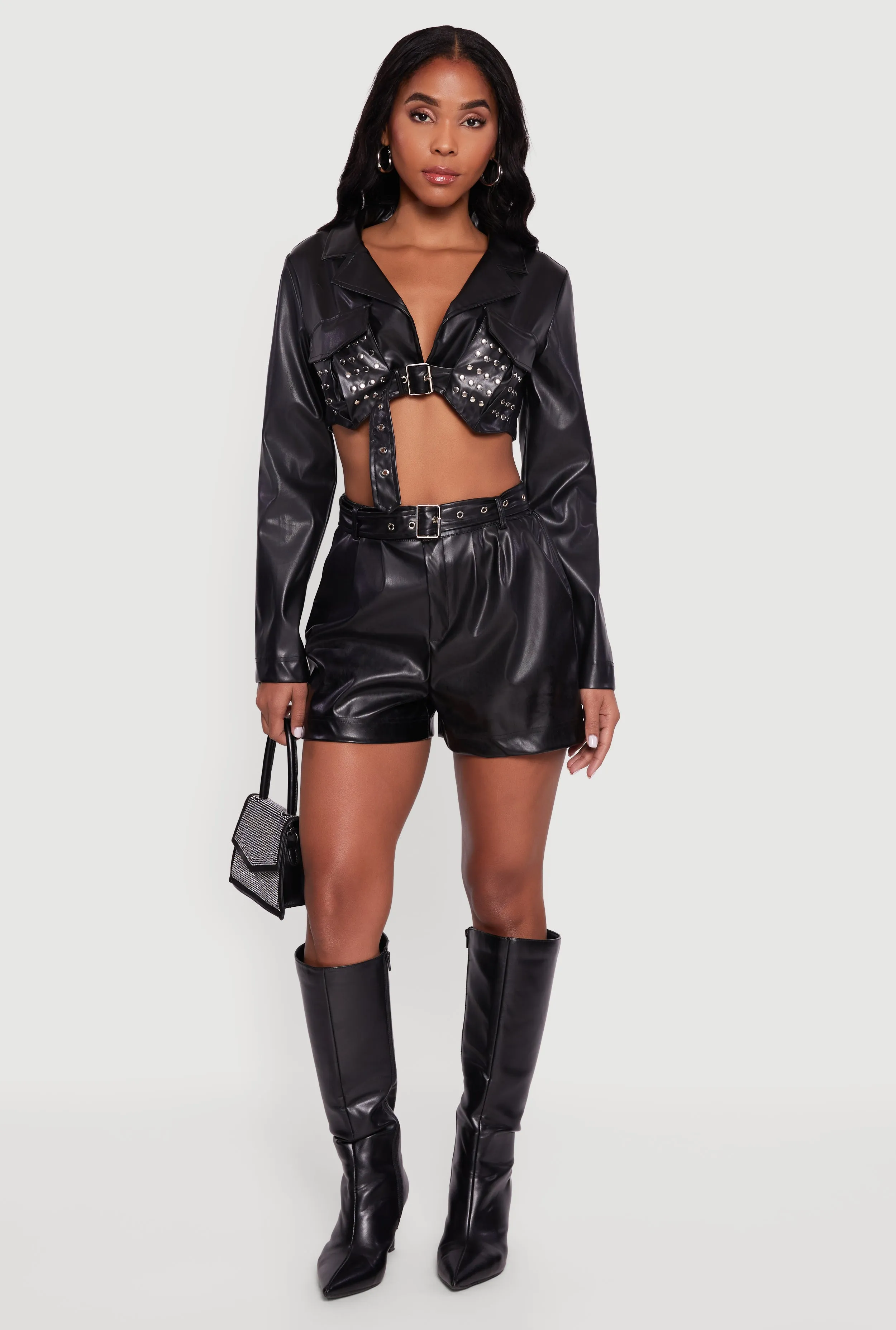 Faux Leather Cropped Belted Front Studded Jacket sold by Rainbow product image thumbnail 2