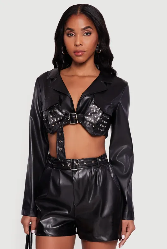 Faux Leather Cropped Belted Front Studded Jacket sold by Rainbow