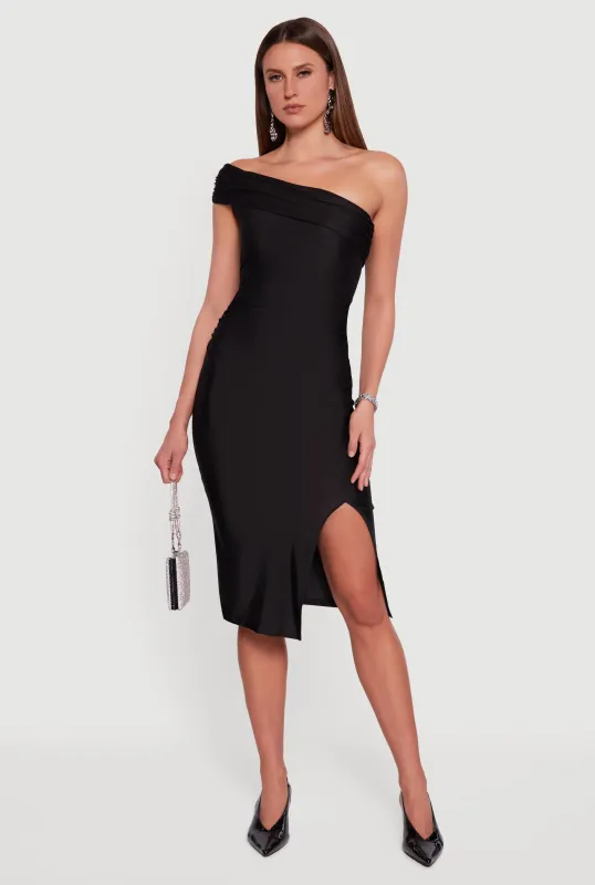 Off the Shoulder Ruched Midi Dress with Side Slit sold by Rainbow