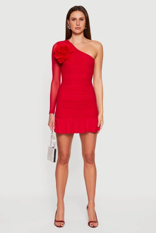 Flower Detail Ruched One Shoulder Mini Dress sold by Rainbow