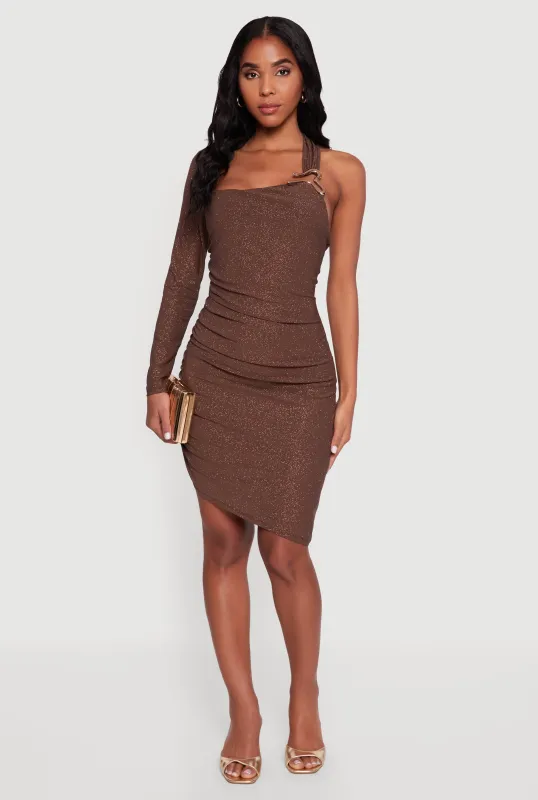 Glitter One Shoulder Halter Dress with Metallic Detail sold by Rainbow