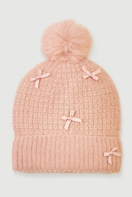 Lurex Eyelash Knit Bow Pom Pom Beanie sold by Rainbow