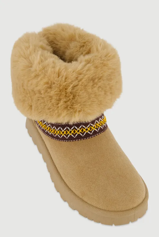 Embroidered Detail Faux Fur Cuff Ankle Boots sold by Rainbow