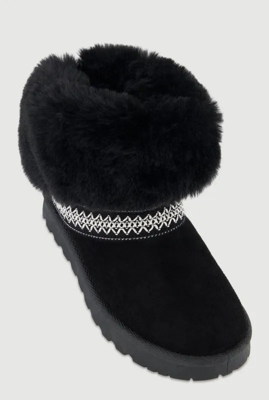 Embroidered Detail Faux Fur Cuff Ankle Boots sold by Rainbow