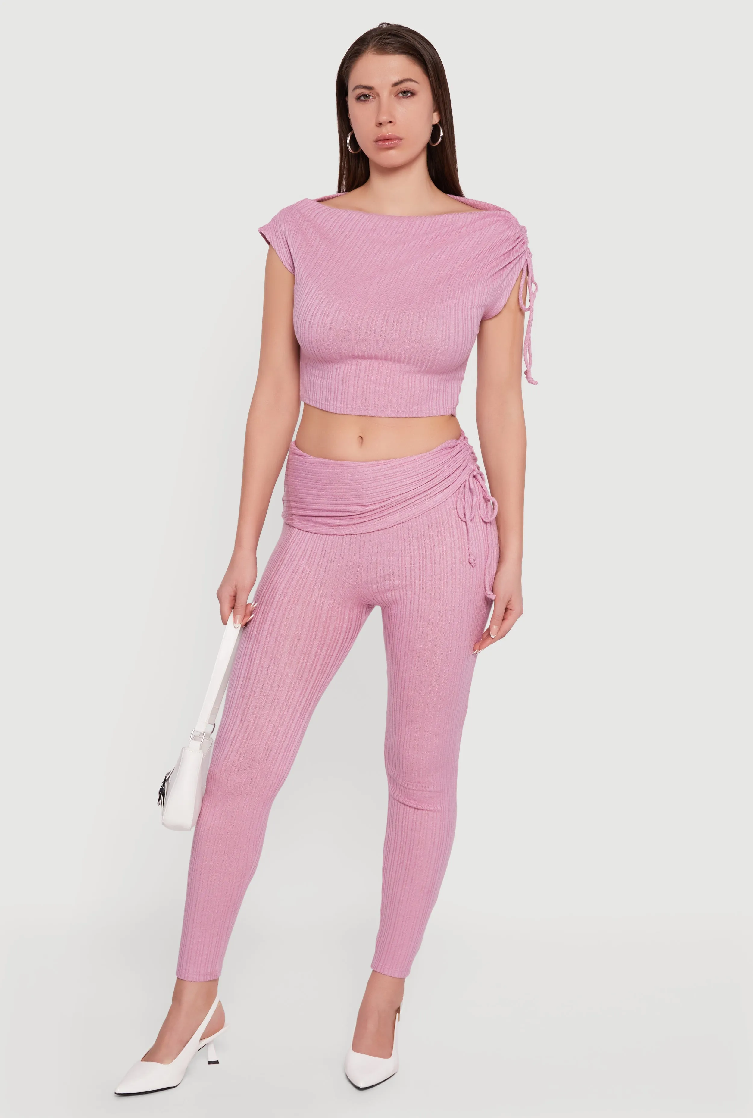 Brushed Rib Knit Fold Over Ruched Side Leggings sold by Rainbow product image thumbnail 4