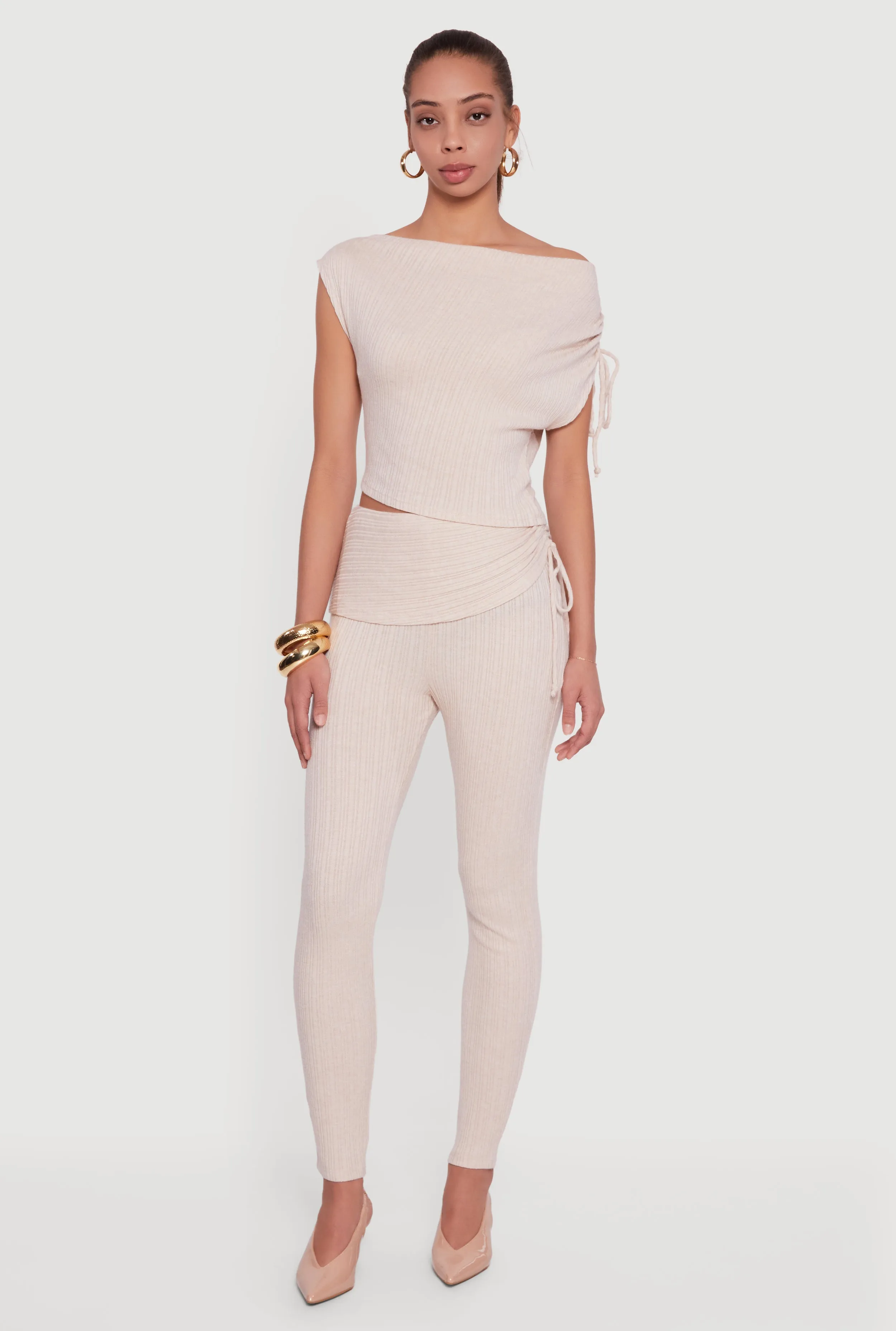 Brushed Rib Knit Fold Over Ruched Side Leggings sold by Rainbow