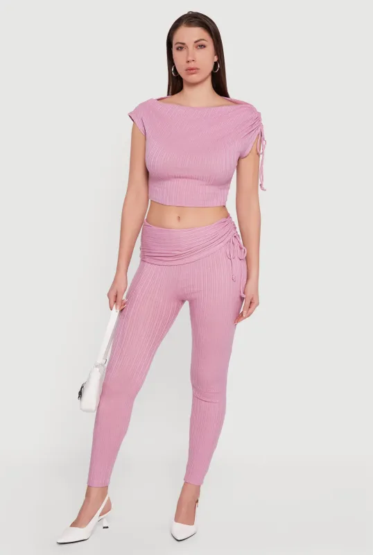 Brushed Rib Knit Fold Over Ruched Side Leggings sold by Rainbow