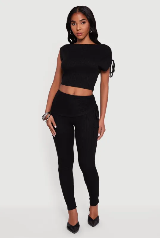 Brushed Rib Knit Fold Over Ruched Side Leggings sold by Rainbow