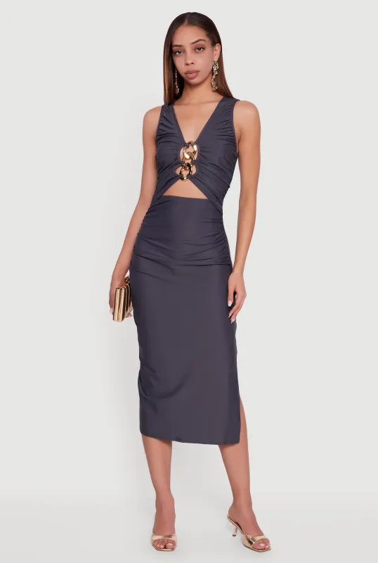 Chain Link Detail Ruched Side Slit Midi Dress made by Rainbow