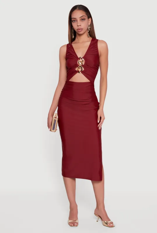 Chain Link Detail Ruched Side Slit Midi Dress sold by Rainbow
