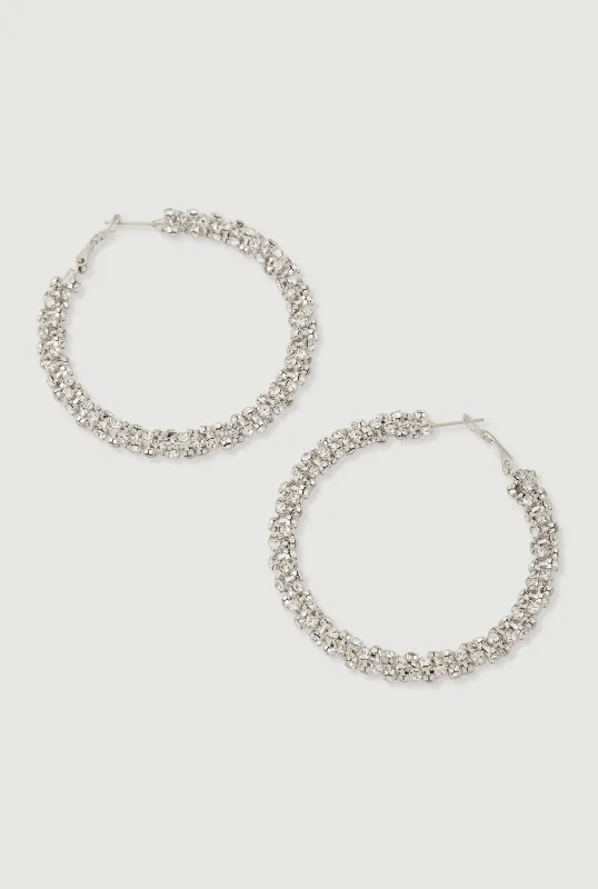 Rhinestone Encrusted Metallic Hoop Earrings sold by Rainbow