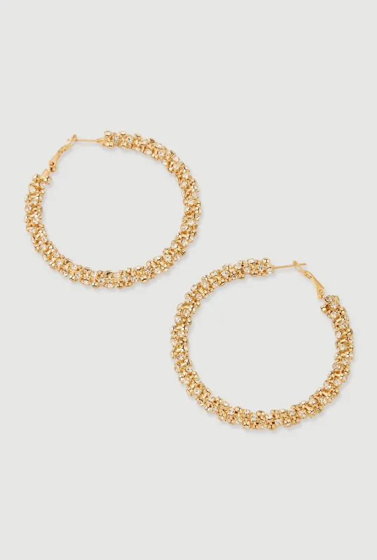 Rhinestone Encrusted Metallic Hoop Earrings sold by Rainbow
