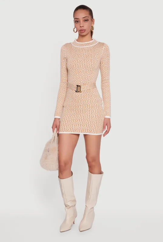 Greek Key Belted Front Long Sleeve Sweater Dress sold by Rainbow