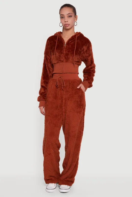 Faux Fur Drawstring Waist Wide Leg Sweatpants made by Rainbow