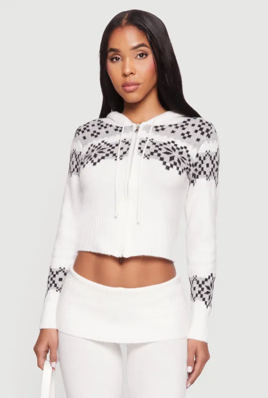 Almost Famous Fair Isle Zip Front Cropped Hooded Sweater sold by Rainbow